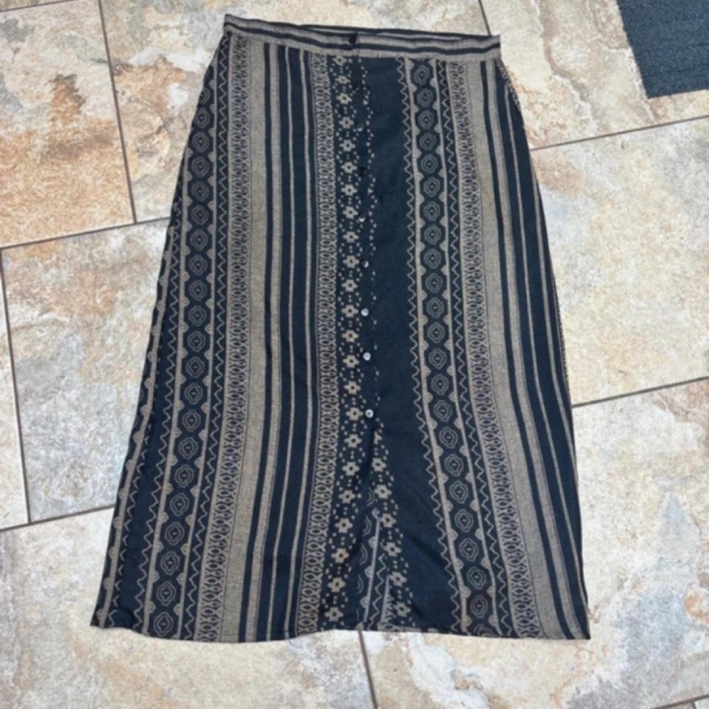 Vintage 90s Boho Aztec Maxi Skirt Womens Medium Black Tan Striped Button Front